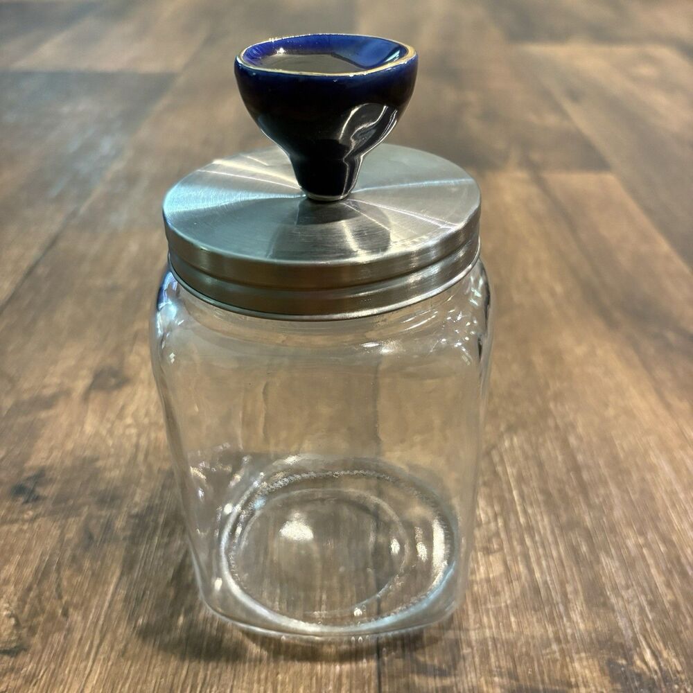 Glass Storage Canister Blue Porcelain Knob Stainless Lid Kitchen Counter Jar